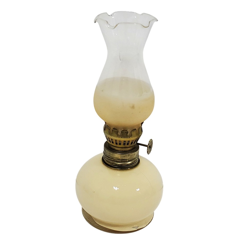 Vintage Miniature Oil Lamp Made in Italy Cream Milk Glass 7" ‎ Ruffled Shade